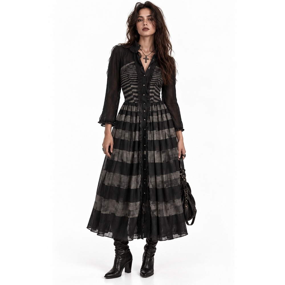 Vintage Gothic Midi Dress sz Small Sheer Black Grey Striped Witchy Dark Romantic